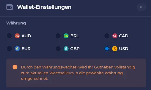 Wallet-Einstellungen für Rainbet Auszahlung